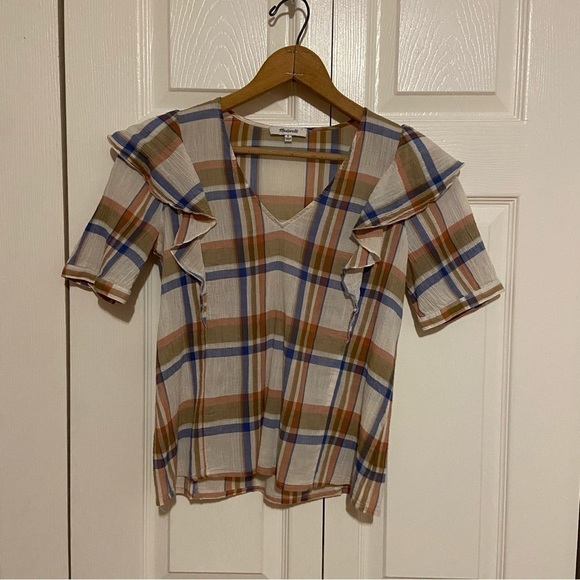 Madewell V-Neck Shoulder-Ruffle Top in Plaid Checkered Gauzey Blouse Size Small - Picture 3 of 9
